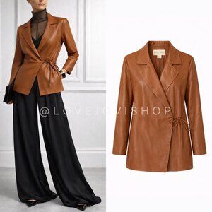 Minimalist Retro | Vintage Camel Leather Blazer | Wrap Tie Front | Longline | 14